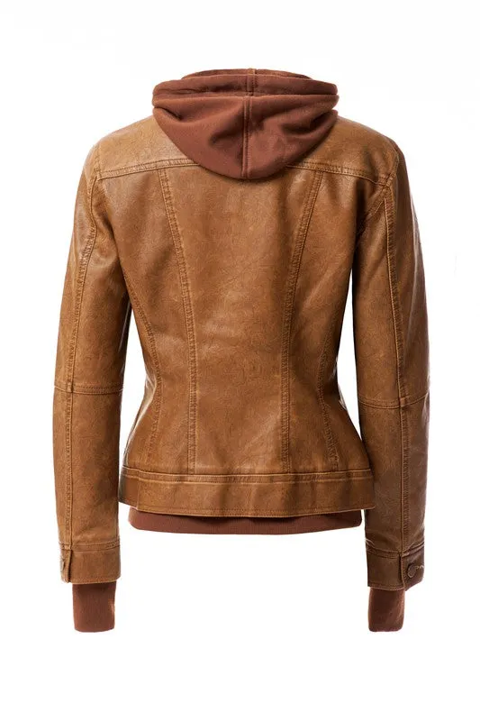 Women's Hooded PU Leather Jacket
