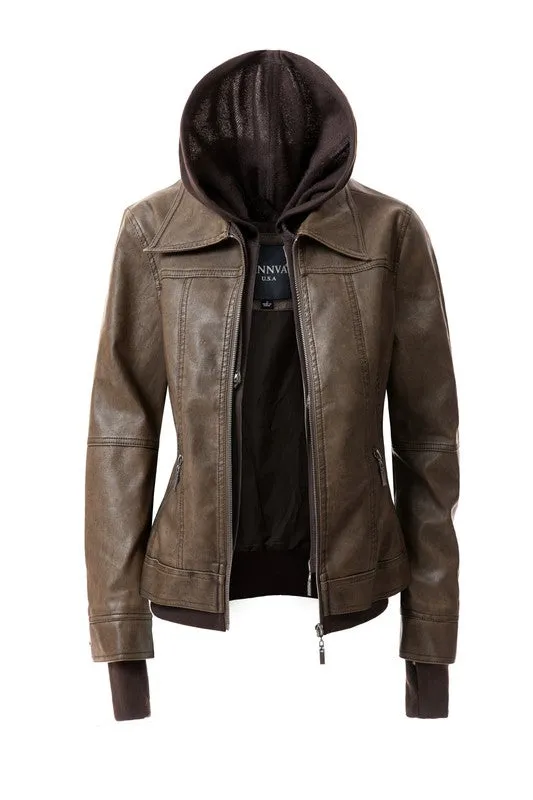 Women's Hooded PU Leather Jacket