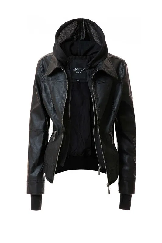 Women's Hooded PU Leather Jacket