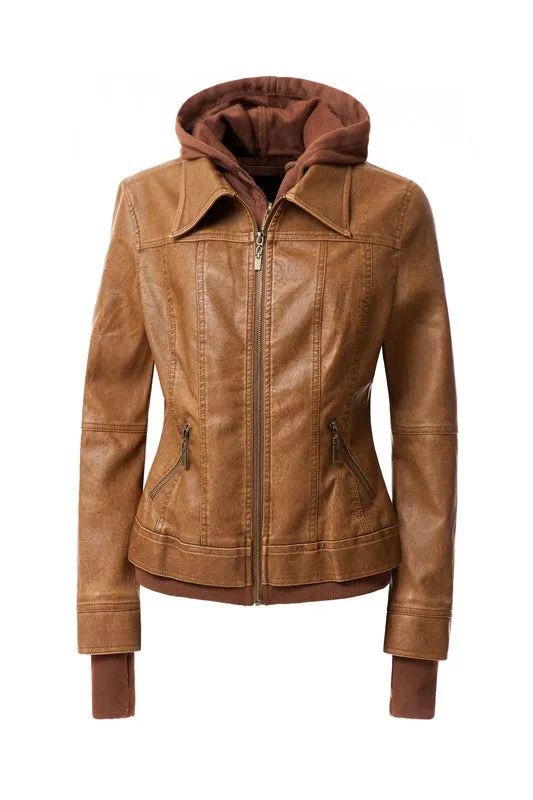 Women's Hooded PU Leather Jacket