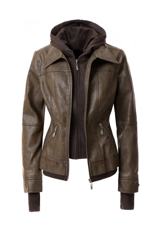 Women's Hooded PU Leather Jacket