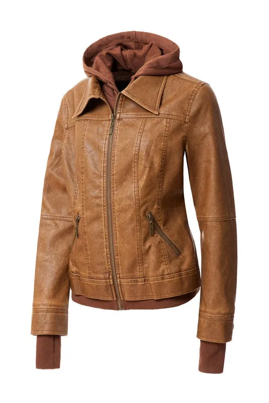 Women's Hooded PU Leather Jacket
