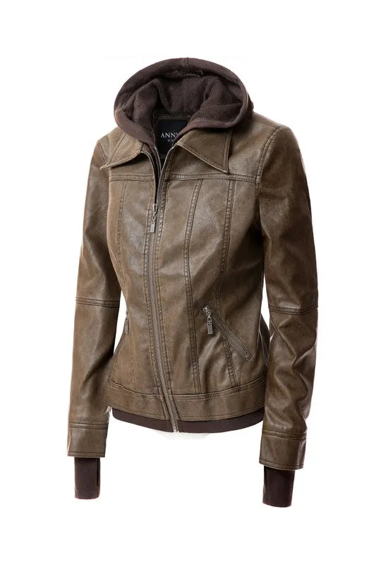 Women's Hooded PU Leather Jacket